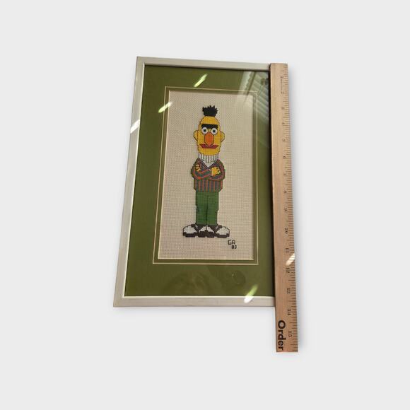 Vintage 1983 Bert Sesame Street Framed Cross-Stitch Art Green Matte - Picture 3 of 4